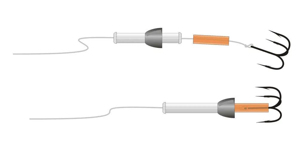 Mounting schematics - The bead or cone rests against the collar on the rear part of the tube. The front collar is made before spinning the deer hair. Mount the hook when the fly is tied, passing the tippet through the tube and a piece of soft junction tube and tying it onto the hook, pulling it taught into the junction tube and up against the fly.
